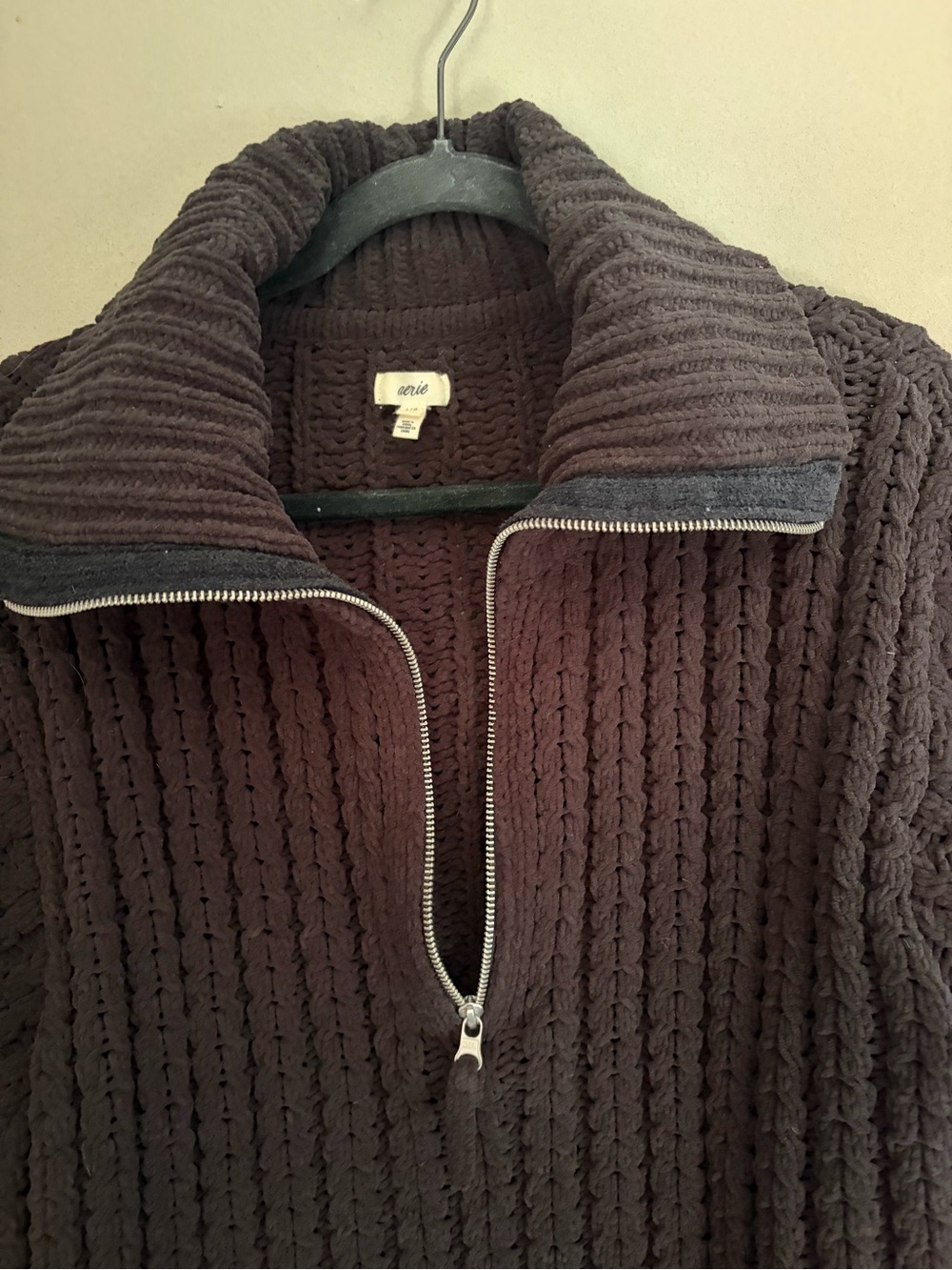 Aerie Cable Car 1/4 Zip Sweater Black Pullover Chenille Open Weave Chunky Knit - Picture 7 of 13